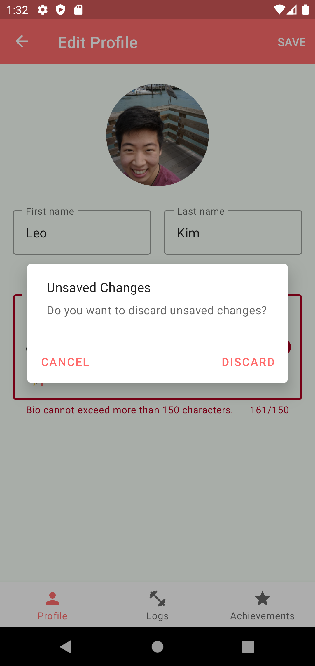 Screenshot of edit profile alert dialog for discarding unsaved changes