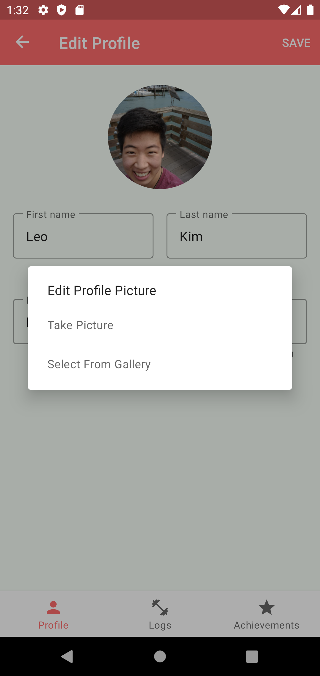Screenshot of edit profile alert dialog for selecting or taking pictures